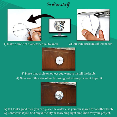 Golden Ceramic Drawer Knobs Pack Of 100 For Cabinets And Dressers Round Cabinet Knobs With Rust Free Heavy Duty Hardware Kid Safe And No Sharp Edges Soft Gold Finish For Kitchen Nursery And Home Decor step-by-step installation guide image with paper circle template and wooden cabinet