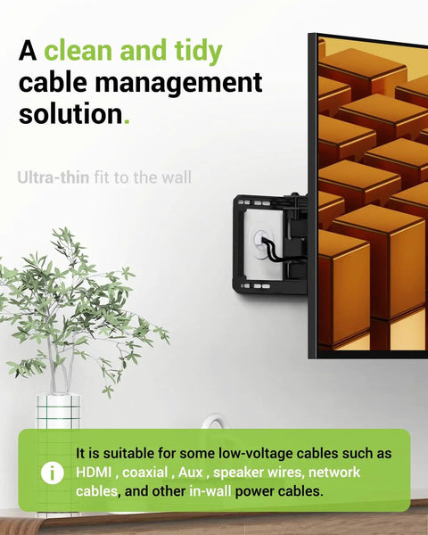 Wall Mounted TV Cable Management Kit With In Wall Pass Through And Drill Attachment, white 2 pack, installed behind TV screen.