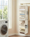 3 Tier Hanging Closet Organizer With Adjustable Detachable Shelves And Clear Window Panels For No Sweat Storage Socks Hats Gear Clean And Crisp Quick Grab Setup with folded clothes displayed.