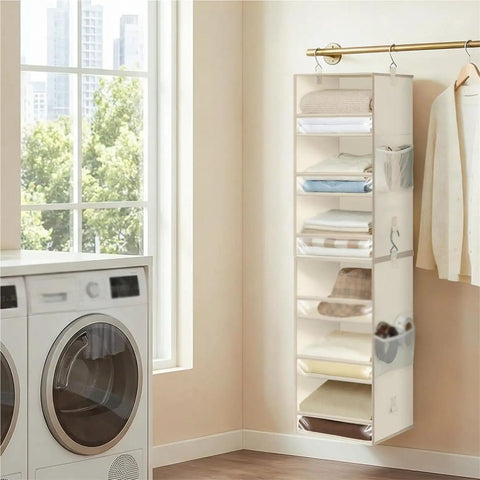 3 Tier Hanging Closet Organizer With Adjustable Detachable Shelves And Clear Window Panels For No Sweat Storage Socks Hats Gear Clean And Crisp Quick Grab Setup with folded clothes displayed.