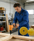 Heavy Duty Replacement Head Valve For Pneumatic Nailers Featuring Tough As Nails Construction And Precision Tuning To Deliver Smooth Operator Performance Every Time On All Major Framing Models, with yellow rubber components and framing in action.