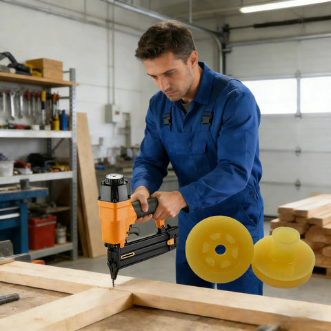 Heavy Duty Replacement Head Valve For Pneumatic Nailers Featuring Tough As Nails Construction And Precision Tuning To Deliver Smooth Operator Performance Every Time On All Major Framing Models, with yellow rubber components and framing in action.