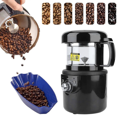 Automatic Hot Air Coffee Bean Roaster With Smart Timing And Integrated Cooling For Home Brews Crafting Fresh Roasts Without The Smoke Or Fuss packed with fresh coffee beans and a blue cooling tray.