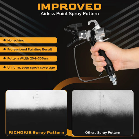 Professional Airless Paint Sprayer Gun Pumping Hefty 3600 PSI holding with improved spray pattern comparison, detailed control features.