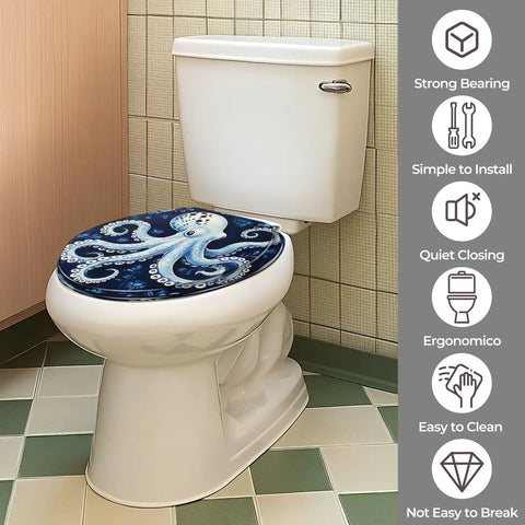 Octopus Round Toilet Seat for Bath installed on a modern toilet, featuring an octopus design with vibrant colors.