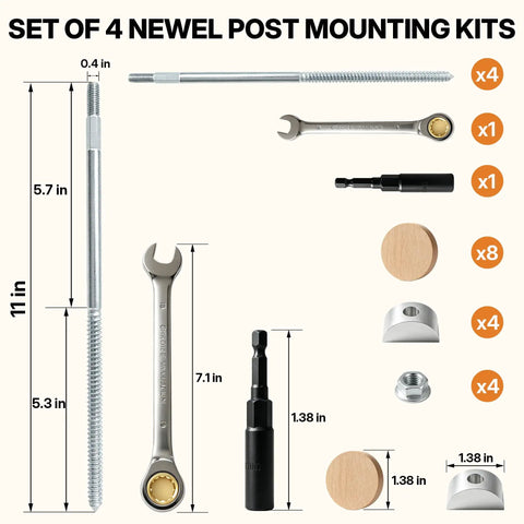 Heavy Duty Hidden Newel Post Mounting Kit For Wood Stair Railing Hardware Includes Four Inch Lag Bolts Nuts And Red Oak Plugs, showing tools and components