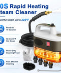 Quick Heat 10S Handheld Steam Cleaner, Chemical-Free Portable Steamer For Car, Grout, Tile, And Kitchen with hose and accessories.