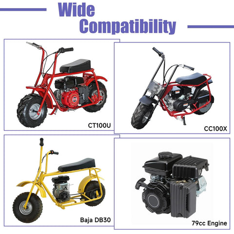 Wide-compatibility collage of four mini bikes: CT100U, CC100X, Baja DB30, plus a 79cc engine.