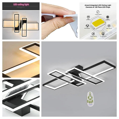 Remote Control Dimmable LED Ceiling Light With Four Rectangular Black Metal Acrylic Flush Mount Fixtures, features and components