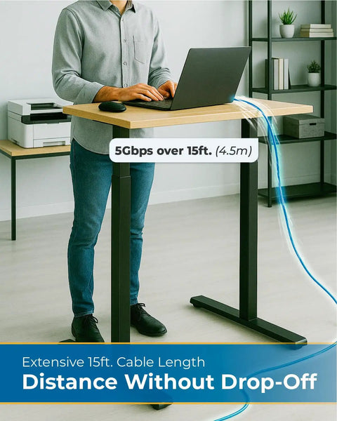 Built Different Fifteen Foot USB Type A To Type B Cable Delivers Five Gbps Super Speed Data For Printers Scanners And Studio Gear With Heavy Emi Shielding connected to a laptop stand.