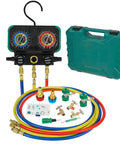 All In One Three Way AC Manifold Gauge Set With R1234yf R134a R404a Compatibility Quick Couplers R134a To R1234yf Adapters Three Can Taps Hoses Fahrenheit Display Pro Grade Auto And Home AC Service Kit, with case and hoses