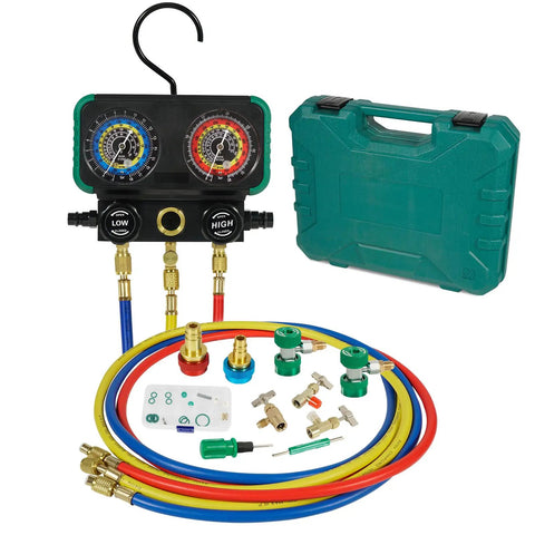 All In One Three Way AC Manifold Gauge Set With R1234yf R134a R404a Compatibility Quick Couplers R134a To R1234yf Adapters Three Can Taps Hoses Fahrenheit Display Pro Grade Auto And Home AC Service Kit, with case and hoses