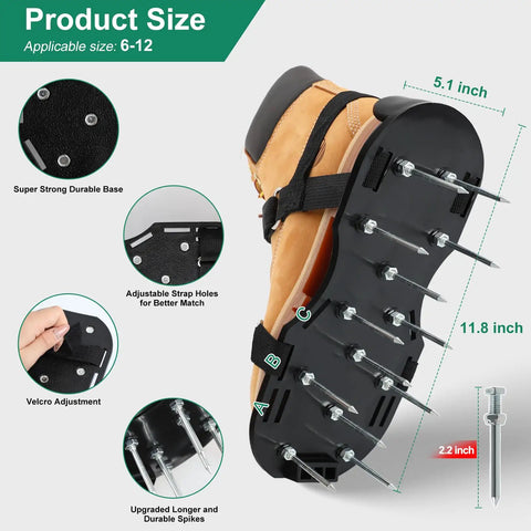 Heavy Duty Lawn Aerator Shoes With Spikes Easy Wear Hook And Loop Straps Preassembled Aeration Sandals, size chart.