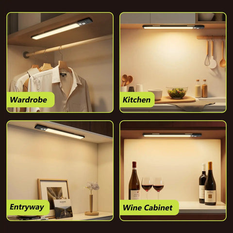 Six Pack 10 Inch Under Cabinet Lights With Digital Battery Level Display, 52 LED Rechargeable Motion Sensor Lights installed in different spaces.