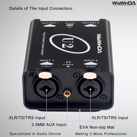 U2 Pro XLR To 1/4 Inch AUX HiFi Audio Isolation Box front view showing input connectors and labels for studio and home audio systems.