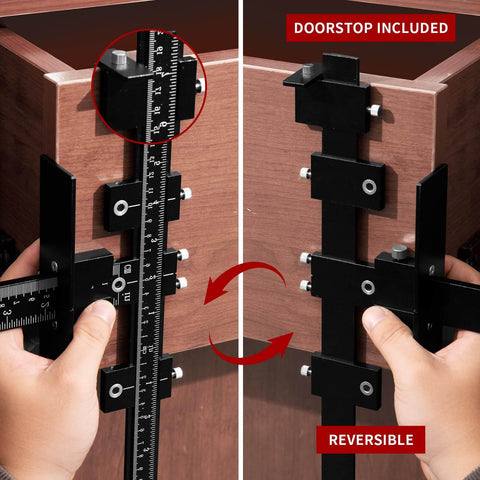 Seven Piece Cabinet Hardware Jig Tool Set With Pro Grade All Aluminum Alloy Build for doors shown in use on corner cabinet.