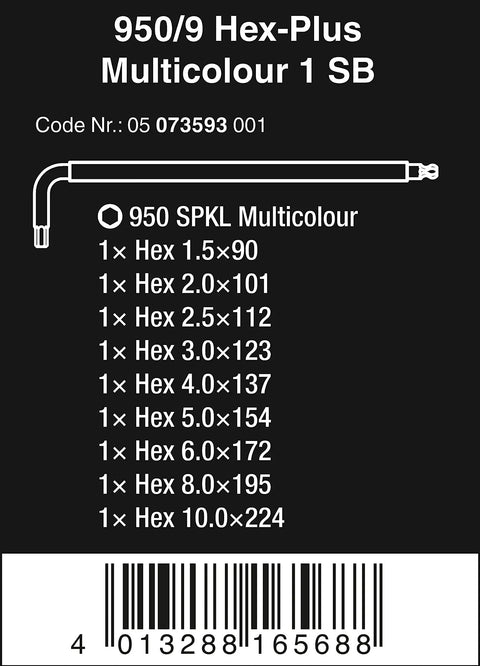 Diagram of Long Arm Hex Key Set With Hex Plus 9 Piece Color Coded Size Finder Ballpoint Tip Easy Grip Plastic Sleeve details