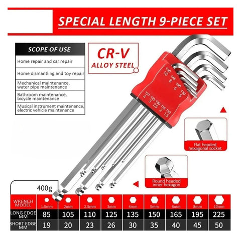 Super Cool 9 Piece Metric Allen Key Set With Long Arm Hex Wrenches And Handy Holder For Bikes And Motorcycles Repair Jobs Made Easy With Tough Carbon Steel Construction. 9-piece CR-V alloy steel hex key set with holder, 1.5-10mm