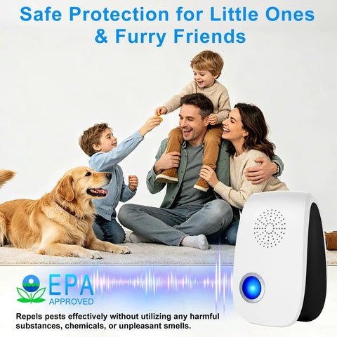 Family with dog and child sitting near Eight Pack Ultrasonic Pest Repeller For Indoor Use With 3D Dual Speakers