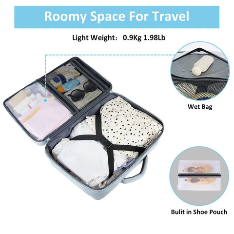Carry On Travel Backpack 40L For Women Airline Approved underseat item open showing shoe compartment and wet pocket