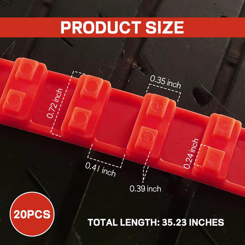 Wicked Strong 20 Pack Plastic Snow Tire Chains For Cars SUVs Trucks, showing 35.2 inch nylon chains on tire tread with size details.