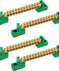 Kickass Neutral Bus Bar 4 Pack 12 Position Brass Terminal Block Industrial Grade Professional For Electrical Panel Grounding Wire Organizer Heavy Duty Connection Kit showing four brass terminal blocks with twelve screws each.