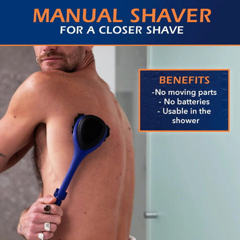 Slick And Smooth Waterproof Back Shaver For Men With A Grippy Silicone Handle and Painless Razor Kit, used on the back.