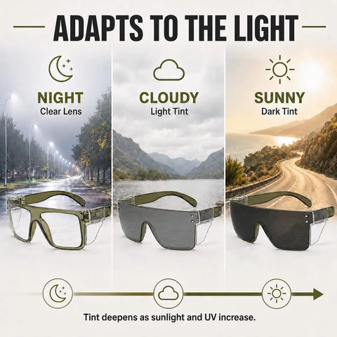 Solid Z87 Compliant Safety Glasses Featuring Kickass Photochromic Transition Lenses With Slick Removable Side Shields For Heavy Duty Impact Protection And Smooth UV400 Anti Blue Light Filters