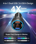 65 Watt Four Port Type C Car Charger Kit With Four Reinforced Usb C Cables, Super Fast Rapid Charge Adapter For Samsung Galaxy And Apple Devices, Great Bang For Your Buck Daily Driver Road Ready Pack with dual USB ports.