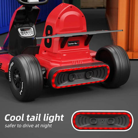 Rear view of 24V Electric Go Kart With Adjustable Seat For Kids And Teens, showing taillight and multi function controls.