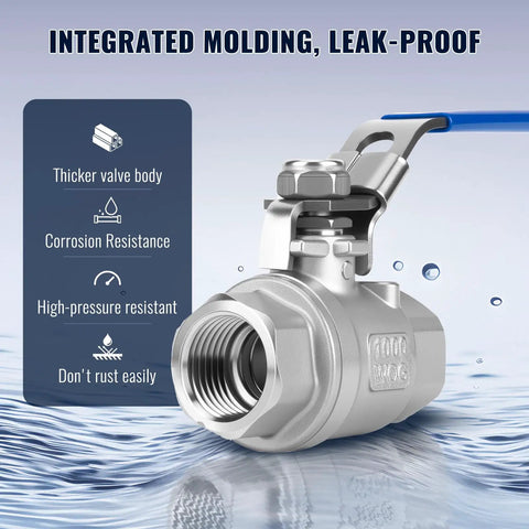 Close-up of 2 Pack 316 Stainless Steel Ball Valve Half Inch NPT Female Full Port with 1000 WOG Locking Handle for industrial plumbing.