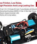 Beefy Sensorless 4800KV Brushless Motor And 25A ESC Combo installed in 1/16 RC car, showing M2.5 screw mounting and wiring.