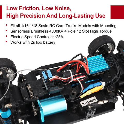 Beefy Sensorless 4800KV Brushless Motor And 25A ESC Combo installed in 1/16 RC car, showing M2.5 screw mounting and wiring.