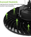 Die-cast aluminum heatsink of Beefy 300W UFO LED High Bay Light For Warehouses, 39,000 Lumens, 0-10V Dimmable, showing heat dissipation.
