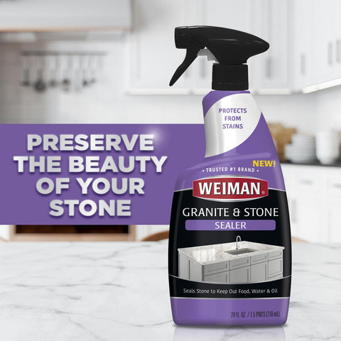 Granite And Stone Sealer Spray Protects Kitchen Countertops Sinks Showers Vanities And Floors From Stains For Granite Quartz Marble Tile Limestone Slate Water Based 24 Ounce bottle on kitchen counter