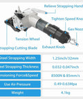 Heavy Duty Pneumatic Steel Strapping Machine Tool 19mm Metal Sealer Tensioner And Cutter showing components and specifications.
