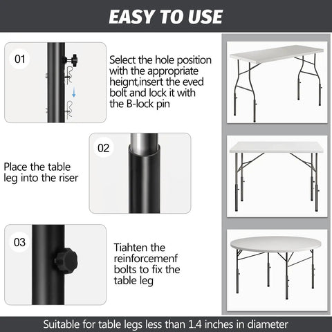 Four Pack Heavy Duty Steel Table Leg Extenders With Quick Adjust Risers For Folding Tables installation guide for easy use.