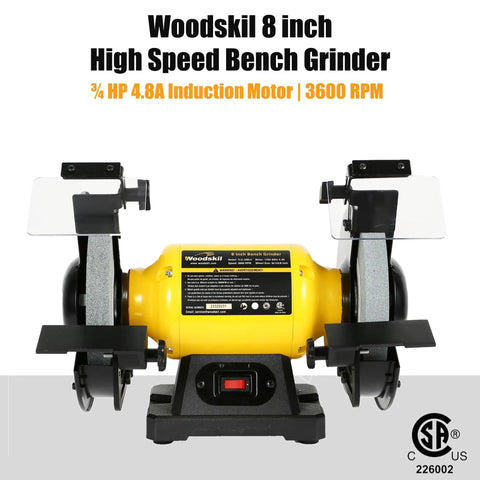 Powerful 4.8 Amp Three Quarters Horsepower 8 Inch Bench Grinder With 3600 RPM front view showing two grinding wheels.