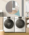 Indoor laundry room with Tight Space Dryer Vent Hose Kit With 90 Degree Elbow And 8ft Flexible Hose installed behind washer