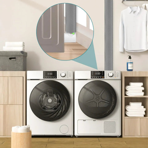 Indoor laundry room with Tight Space Dryer Vent Hose Kit With 90 Degree Elbow And 8ft Flexible Hose installed behind washer