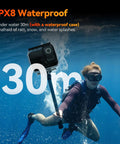 Diver underwater using Dope Dual Lens 4K Action Cam With 20MP Photos 6 Axis EIS Stabilization 8X Zoom Dual IPS Screens in waterproof case