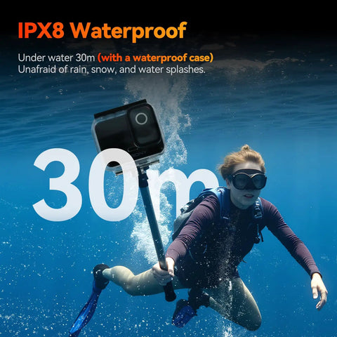 Diver underwater using Dope Dual Lens 4K Action Cam With 20MP Photos 6 Axis EIS Stabilization 8X Zoom Dual IPS Screens in waterproof case