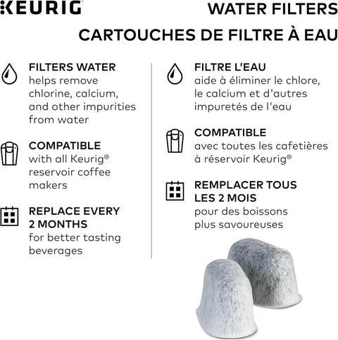 Water Filter Refills For 2.0 K-Cup Pod Coffee Makers, 6 Count Replacement Cartridges, BPA Free, chlorine reduction info.
