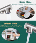 Close-up of bar sink faucet with pull-out sprayer in spray and stream modes, stainless steel, brushed nickel finish, lead-free.