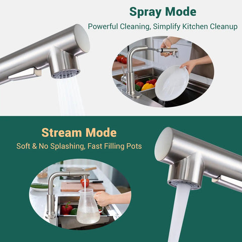 Close-up of bar sink faucet with pull-out sprayer in spray and stream modes, stainless steel, brushed nickel finish, lead-free.