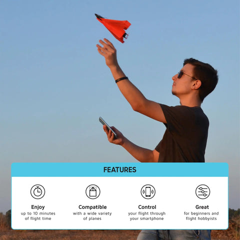Man using Next Gen Smartphone Controlled Paper Airplane Kit With Autopilot And Gyro Stabilizer RC Flight For Hobbyists And Tinkerers.