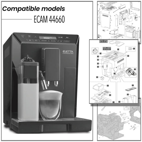 O Ring Repair Kit For Fully Automatic Espresso Machines Eletta ECAM 44660 with diagrams and coffee maker view