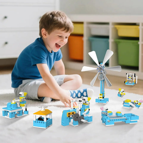 STEM Robot Building Kit With 570 Plus Pieces Motorized Farm Themed DIY Science Set Kid Friendly For Ages 6 And Up Educational Engineering Gearbox Toys For Boys And Girls Hands On Learning And Creative Problem Solving, child with model builds