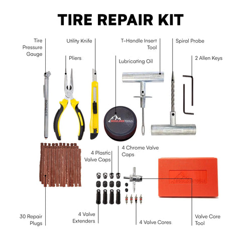 Heavy Duty Tire Repair Kit For Cars, Trucks, Motorcycles, And ATVs Complete Flat Fix Plug Set With tools and accessories laid out