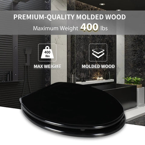 Whisper Quiet Close Elongated Toilet Seat With Zinc Alloy Hinges, Quick Release For Easy Cleaning, UV Wood Molded Lid, Black Finish, Durable And Quiet, Fits All American Toilets For A Tight, Noise Free Sit